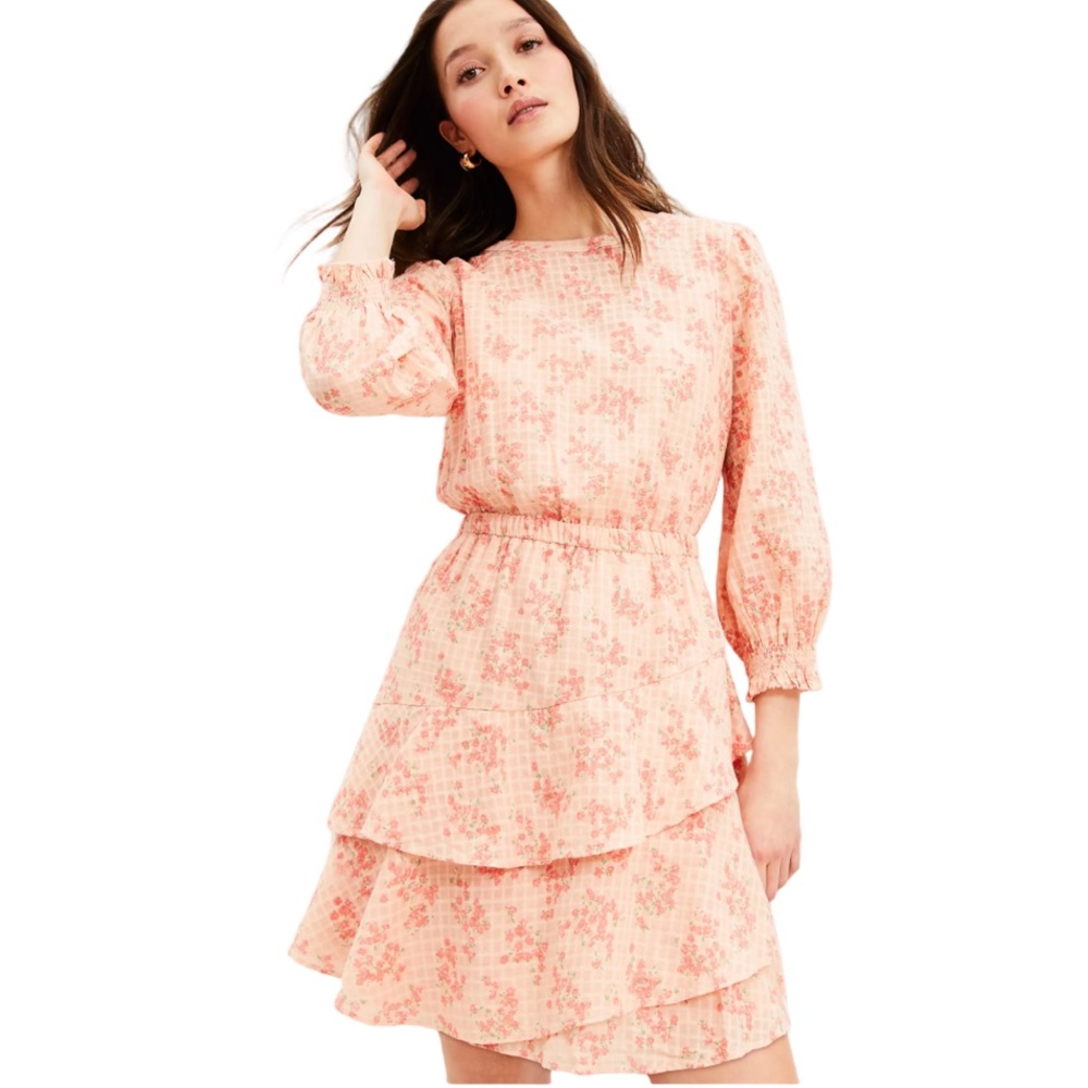 New Loft Feminine Meadow Tiered Ruffle Mini Dress in Sunrise Peach Size M